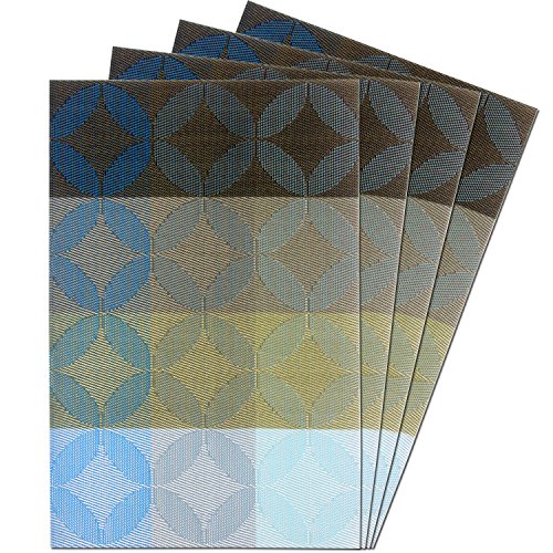 Kitchen PVC Placemats - Dining Room Heat Insulation Stain-resistant Eat Mats for Table - Rectangle Washable Non-slip Decor Jacquard Woven Plastic Vinyl Chinese Coins Pattern Place Mats,Set of 4, Blue - color: Blue, size: Set of 4