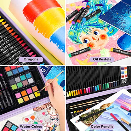 iBayam Stocking Stuffers for Kids Teens Adults, Birthday Party Art Supplies, Christmas Gifts for Teenagers, 150-Pack Wooden Art Set Crafts Drawing Painting Kit with 1 Coloring Book, 2 Sketch Pads - color: Purple