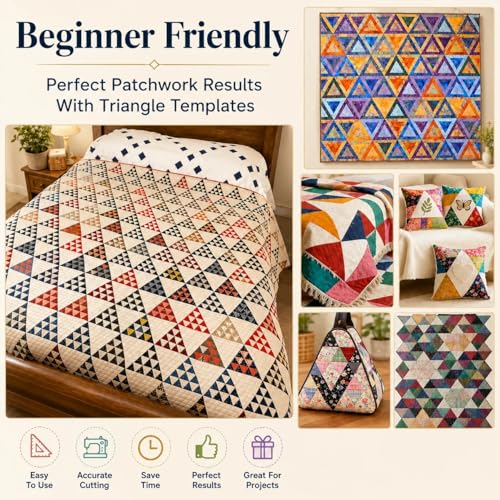 TSV Triangle Quilting Ruler Set: 8 Pack Thick Acrylic Triangle Templates in 4"/6"/8"/10" Size - Accurate Fabric Cutting for Quilter with Triangle Hexagon Diamond Kaleidoscope Geometric Patterns