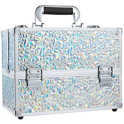 FRENESSA Makeup Case Cosmetic Train Case Organizer 11.8 Inch Large Makeup Box Travel Storage Make Up Train Carrying Case with 6 Trays Locking Hard Vanity Storage Glitter Silver - color: Silver