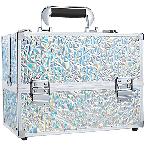 FRENESSA Makeup Case Cosmetic Train Case Organizer 11.8 Inch Large Makeup Box Travel Storage Make Up Train Carrying Case with 6 Trays Locking Hard Vanity Storage Glitter Silver - color: Silver