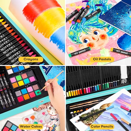 iBayam Art Supplies, 150-Pack Deluxe Wooden Art Set Crafts Drawing Painting Kit with 1 Coloring Book, 2 Sketch Pads, Creative Gift Box for Adults Artist Beginners Kids Girls Boys - color: Teal