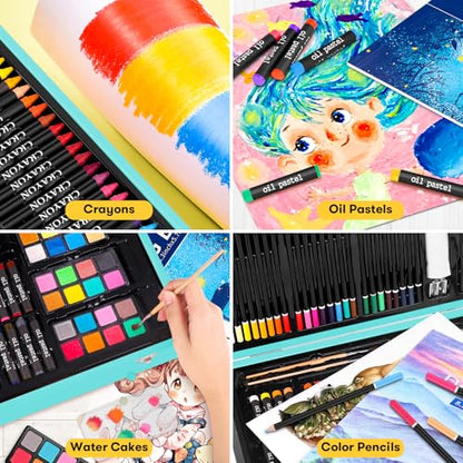 iBayam Art Supplies, 150-Pack Deluxe Wooden Art Set Crafts Drawing Painting Kit with 1 Coloring Book, 2 Sketch Pads, Creative Gift Box for Adults Artist Beginners Kids Girls Boys - color: Teal