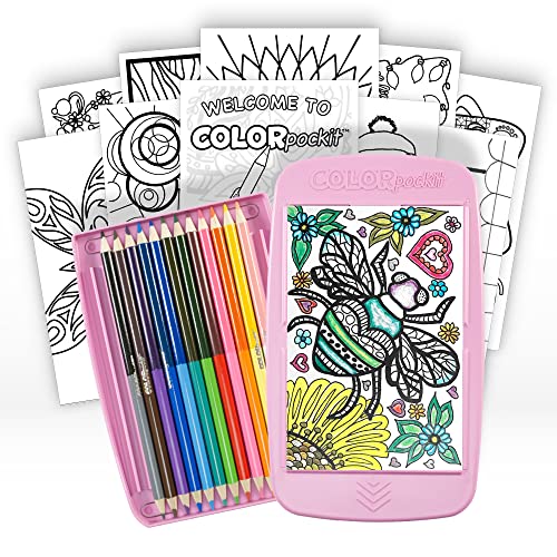Colorpockit Coloring Kit Travel Art Set with Colored Pencils, 4x6 Coloring Cards, Built in Sharpener, Mess Free Trip Activities for Airplanes or Car, 8.5 x 5, 28 pieces - color: Pink