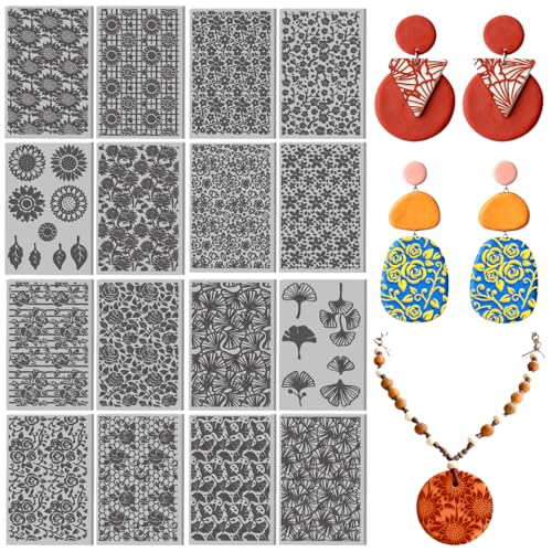 16 Pcs Floral Leaves Pattern Polymer Texture Clay Sheet Vintage Patterns Rubber Texture Mat for Polymer Clay Making Earrings Jewelry DIY Crafts 4 × 2.5 Inch - style: Floral Leaves