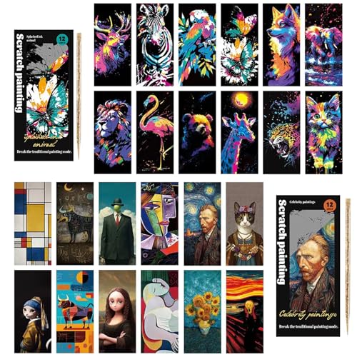 Scratch Art Bookmarks Kit, 24 Sheet Paper with Scratching Tools for DIY Party Favors, Christmas Stocking Stuffers - style: Animal Bookmark III