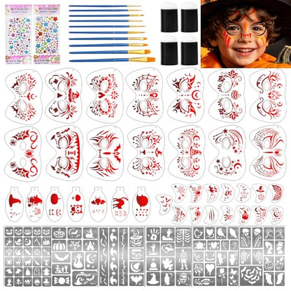58 PCS Halloween Face Paint Stencils for Kids and Adults, 36 Reusable Facial Painting Templates, 6 Sticky Tattoo Stencils, 10 Brushes, 2 Gem Stickers, 4 Finger Sponges for Halloween Party Makeup - color: red