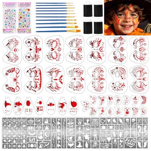 58 PCS Halloween Face Paint Stencils for Kids and Adults, 36 Reusable Facial Painting Templates, 6 Sticky Tattoo Stencils, 10 Brushes, 2 Gem Stickers, 4 Finger Sponges for Halloween Party Makeup - color: red