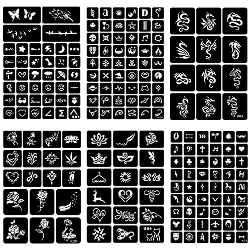 ChurlChurl 20 Sheets Temporary Tattoo Stencils, 622+pcs Henna Tattoo Stencil Kit for Face Body Paint DIY Art Reusable Glitter Tattoo Stencils Pack