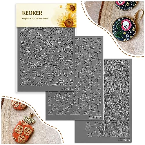 Keoker Polymer Clay Texture Sheets Halloween, Halloween Clay Texture Mat for Making Earrings Jewerly(No. 1-3) - color: Fall polymer clay texture sheets 1-3