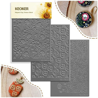 Keoker Polymer Clay Texture Sheets Halloween, Halloween Clay Texture Mat for Making Earrings Jewerly(No. 1-3) - color: Fall polymer clay texture sheets 1-3