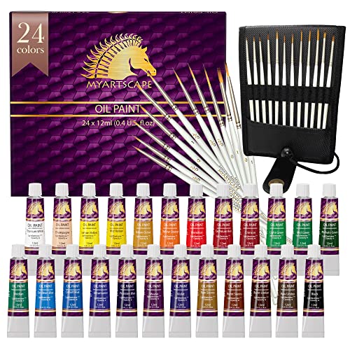 MyArtscape Supplies Paint Bundle - Oil Paint Set - 12ml x 24 Tubes - Lightfast - Heavy Body - Oil-based Colors - with Artist Quality Miniature Paint Brushes with Holder