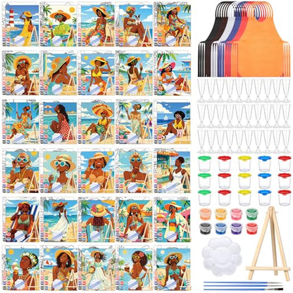 Sherr 285 Pcs 30 Sets Sip and Paint Kit for Adults, Pre Drawn Canvas Kit for Painting Acrylic Painting Favor Bulk for DIY Birthday Gifts Adult Date Night Party Suppliers(Summer Lady) - style: Summer Lady