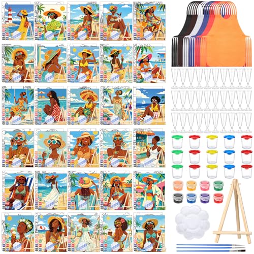 Sherr 285 Pcs 30 Sets Sip and Paint Kit for Adults, Pre Drawn Canvas Kit for Painting Acrylic Painting Favor Bulk for DIY Birthday Gifts Adult Date Night Party Suppliers(Summer Lady) - style: Summer Lady