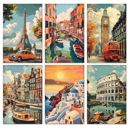 KEYIFA 6 Pack Paint by Numbers Kit, Stretched Canvas Boards for Painting for Adults, No Crease Acrylic Oil Painting for Students Beginners Favor Sip & Paint Party Supplies, Vintage Cityscape (8x12) - color: 006-Cities