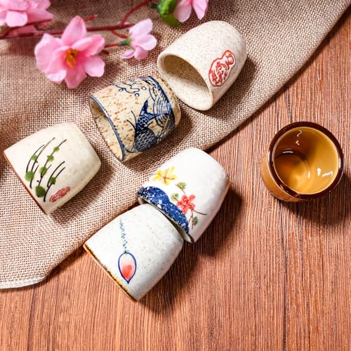 Japanese Style Ceramic Sake Cups Set of 6, Hand-Painted Ceramic Sake Glasses for Saki, Tea, Dessert, Microwave & Dishwasher Safe Small Drinking Cups for Home Kitchen Bar Tableware