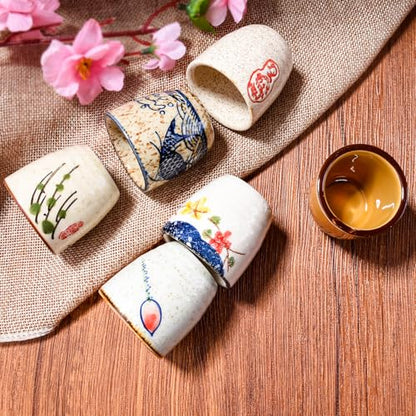 Japanese Style Ceramic Sake Cups Set of 6, Hand-Painted Ceramic Sake Glasses for Saki, Tea, Dessert, Microwave & Dishwasher Safe Small Drinking Cups for Home Kitchen Bar Tableware