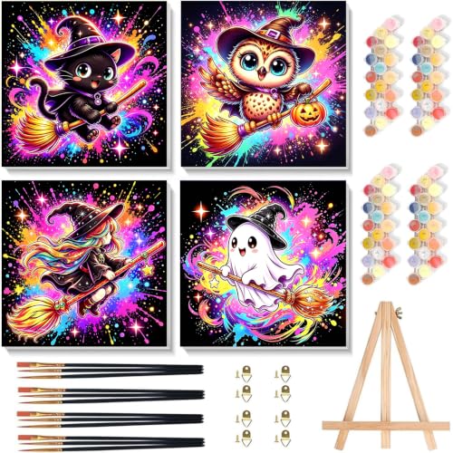 Arttoplus 4 Pack Paint by Numbers Kit for Kids with Frame, Cute Halloween Kids Paint by Numbers Ages 4-8-12 with Wooden Easel, Easy Oil Painting by Number for Gift Home Wall Decor(8x8 inch) - color: BKH2734+BKH2735+BKH2736+BKH2737-US