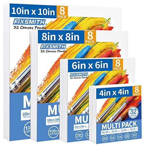 FIXSMITH Canvas Boards for Painting, Multi Pack- 4x4,6x6,8x8,10x10 (8 of Each),32 Pack,100% Cotton Primed Canvas Panels for Acrylic, Oil, Art Supplies for Kids, Adults, Beginners - size: 32 Pack - 8 of Each (4"×4", 6"×6", 8"×8", 10"×10")