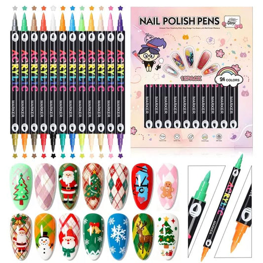 24 Colors(12Pcs-dual) Nail Art Pens Set, 3D Nail Polish Pens Quick-Drying Acrylic Paint Markers, Dotting Liner Brush for DIY Nail Design, Home & Salon Manicure Tools, MarkerPen - color: Pink