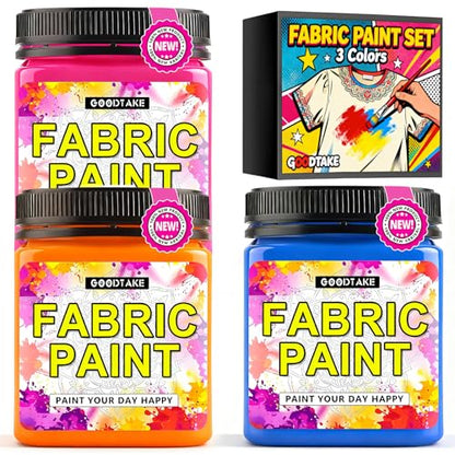 GOODTAKE Fabric Paint Set of 3 Colors - Pink, Orange, Sky Blue - 250ml (9 Fl Oz) Each - Permanent Acrylic Paint for Fabric & Clothes - for DIY T-Shirts, Jeans and Textile Art Projects
