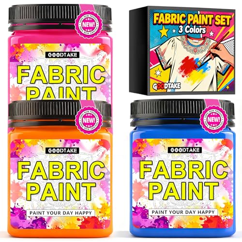 GOODTAKE Fabric Paint Set of 3 Colors - Pink, Orange, Sky Blue - 250ml (9 Fl Oz) Each - Permanent Acrylic Paint for Fabric & Clothes - for DIY T-Shirts, Jeans and Textile Art Projects
