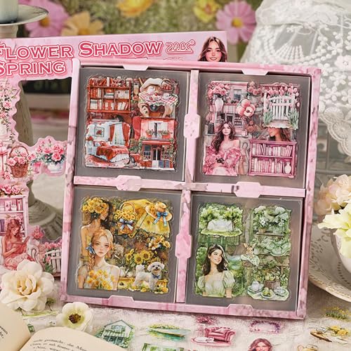500PCS Scrapbook Stickers Kit, Vintage Flowers House People Transparent Waterproof Stickers Set for Scrapbooking Supplies, Aesthetic Junk Journals for DIY Art Crafts, Laptop, Water Bottle, Card Making - color: Flower Shadow Spring Breeze