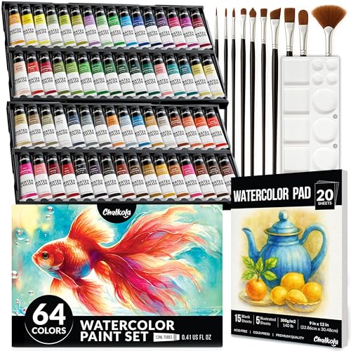 Chalkola Watercolor Paint Set - 64 Water Color Paint Tubes (12ml, 0.4oz), 10 Painting Brushes & 1 Palette, 20 WaterColor Pad | Art Supplies for Adults & Professional Artists - style: 64 Watercolor Set