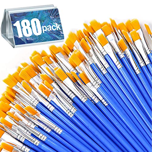 AROIC 180pcs Flat Paint Brushes Set, Small Brushes Bulk Nylon Hair for Kids Acrylic Oil Watercolor Artist, Professional Painting for Classroom Students - color: Blue, size: 180 Flat
