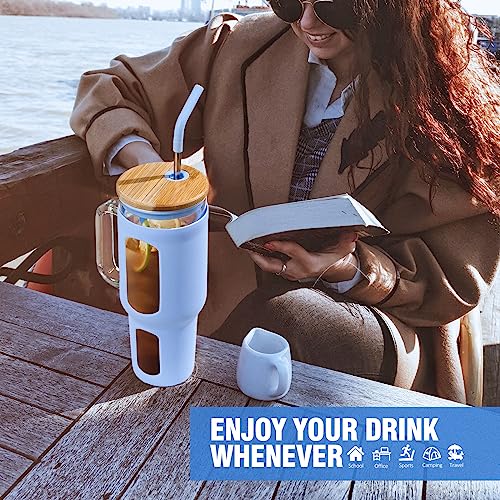 WINSA Glass Tumbler with Lid and Straw, 46 oz Iced Coffee Cup with Handle, Large Water Bottles with Silicone Sleeve, Glass Cup with Straws - Pearl Straw & Drinking Straw BPA Free-Glacier - color: Glacier, size: 46 Ounces