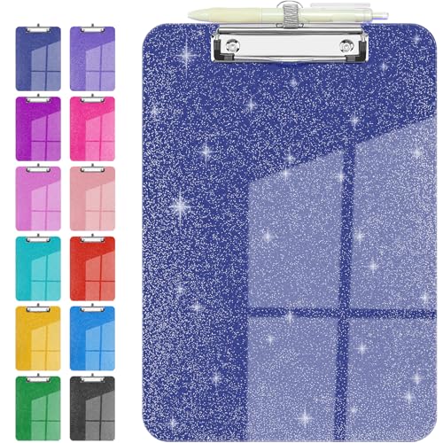 Sparkly Clipboard with Pen Holder, Clear Plastic Glitter Clip Board, Hanging Shiny Clipboards with Low Profile Metal Clip, Letter A4 Size for Taecher Women Office School (Navy Blue) - color: Navy Blue
