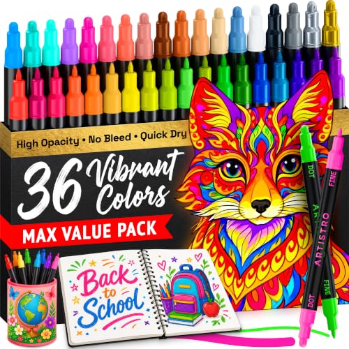ARTISTRO 36 Precision Dual-Tip Acrylic Paint Markers – Paint Pens Set with Dot & Fine Tips for Fabric, Rock, Glass, Wood, Coloring Books – Arts & Crafts Gift – Classroom Must Haves & School Supplies - style: Multicolor