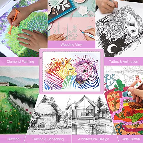 comzler A4 LED Light Board, 3 Level Dimmable Brightness USB Power Artcraft Light Table for Tracing, Light Drawing Sketch Pad for Animation, Sketching, Drawing, Stenciling, Artists - Pink - style: A4 Pink