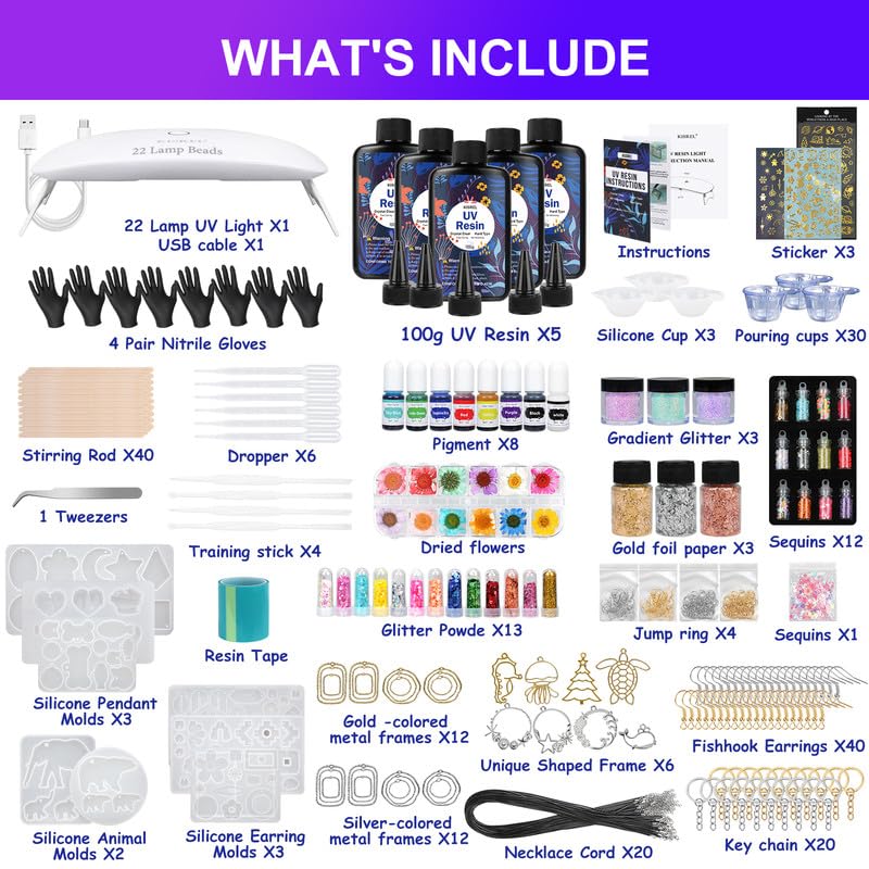 KISREL UV Resin Jewelry Making Kit - 500g Crystal Clear UV Resin, Large Light with 22 Beads and Jewelry Molds, Fast Curing for Keychains, Earring Making, DIY Craft Decorations - size: 500g