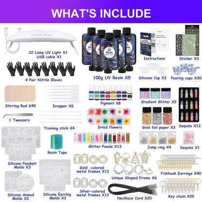 KISREL UV Resin Jewelry Making Kit - 500g Crystal Clear UV Resin, Large Light with 22 Beads and Jewelry Molds, Fast Curing for Keychains, Earring Making, DIY Craft Decorations - size: 500g