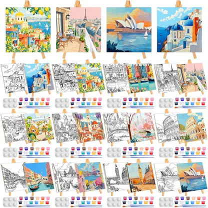 Supervitae 72 Piece Boho City Round Pre Drawn Canvas Kit 5.9" Paint and Sip Kit for Adults Painting Party Pre Printed Canvas DIY with Pictures Paints Easels Brushes for Party Gifts - size: 5.9", style: Boho City
