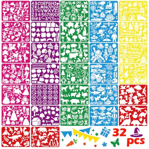 Unicorn Mermaid Stencils for Painting Set, 32PCS Reusable Mixed Style Princess Dino Painting Templates - Summer Party Stencil Crafts Drawing Templates for DIY Scrapbook, Wall Murals, Canvas Wood Signs - style: Mixed Unicorn Mermaid