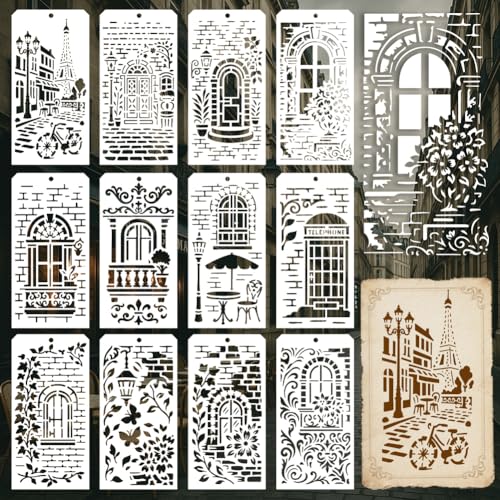 12 Sheets Retro French Texture Stencils for Painting, 12 Styles French Street View Designs Drawing Templates Vintage Pattern Reusable Art Stencil for Painting on Wall Wood Home Decor - style: Retro French