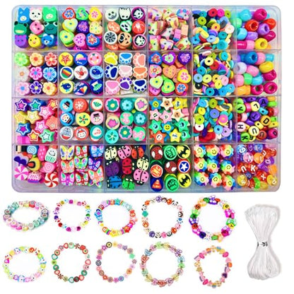 Bracelet Making kit, 1000pcs Polymer Clay Beads Bracelet Making kit, 24 Styles Fruit, Flower, Cake, Butterfly, Necklace, Earrings, DIY Bracelet Making kit Accessories for Women - color: A+Style