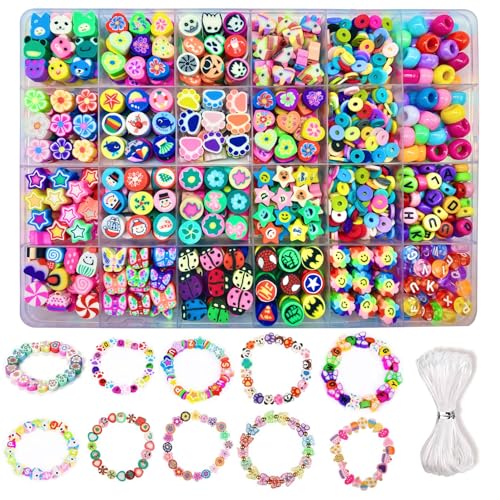 Bracelet Making kit, 1000pcs Polymer Clay Beads Bracelet Making kit, 24 Styles Fruit, Flower, Cake, Butterfly, Necklace, Earrings, DIY Bracelet Making kit Accessories for Women - color: A+Style