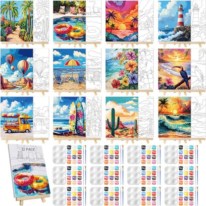 Zhanmai 72 Pcs 12 Sets Sip and Paint Kit Pre Drawn Canvas for Painting 8" x 10" Paint Party Canvas Painting Pre Printed Canvases for Party Favor DIY Virtual Adult's Date Night(Summer Color) - style: Hawaii Landscape