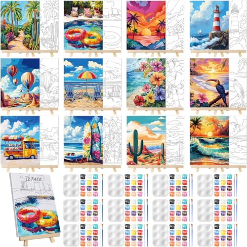 Zhanmai 72 Pcs 12 Sets Sip and Paint Kit Pre Drawn Canvas for Painting 8" x 10" Paint Party Canvas Painting Pre Printed Canvases for Party Favor DIY Virtual Adult's Date Night(Summer Color) - style: Hawaii Landscape