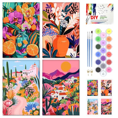 KEYIFA 4 Pack Paint by Numbers Kit, Stretched Canvas Boards for Painting for Adults, Crease-Free Acrylic Oil Painting for Students Favor Sip & Paint Party Supplies, Floral Art Landscape (8x12in)