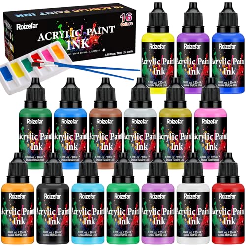 Roizefar Acrylic Paint Ink, 16 x 20ml (0.68 fl.oz), Acrylic Drawing Ink Set, Liquid Acrylics Paint with 2 Brushes and 1 Palette for Drawing, Ideal for Pouring Art, Mixed Media Projects