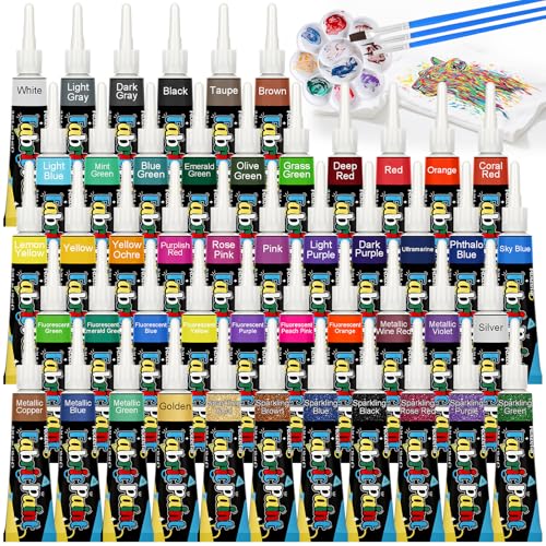 Roizefar Fabric Paint Set, 48 Colors with Metallic, Glitter & Neon, All-in-One Kit with Brushes & Palette, Permanent Textile Paint for Clothes, Shoes, Bags, Shirts, Canvas DIY, 0.34 oz Each