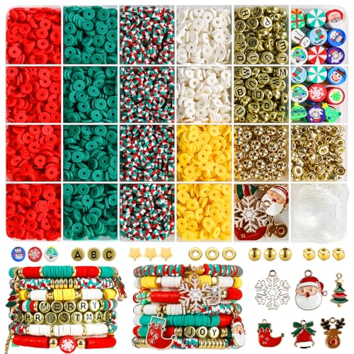 Redtwo Christmas Beads for Bracelets, 3000 Pcs Clay Beads Bracelat Making kit Golden Beads Christmas Crafts Decorations Charms for Jewelry Making, Gifts for Teen Girls Age 6-12 - color: Christmas Joy