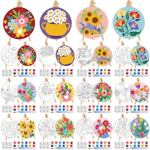 Supervitae 72 Piece Spring Floral 5.9" Round Pre Drawn Canvas Kit Spring Paint and Sip Kit with Pictures Paints Easels Brushes for Kids Adults DIY Painting Holiday Easter Party Gifts - size: 5.9", style: Flower