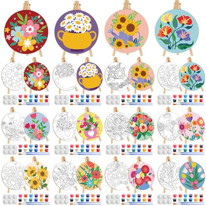 Supervitae 72 Piece Spring Floral 5.9" Round Pre Drawn Canvas Kit Spring Paint and Sip Kit with Pictures Paints Easels Brushes for Kids Adults DIY Painting Holiday Easter Party Gifts - size: 5.9", style: Flower