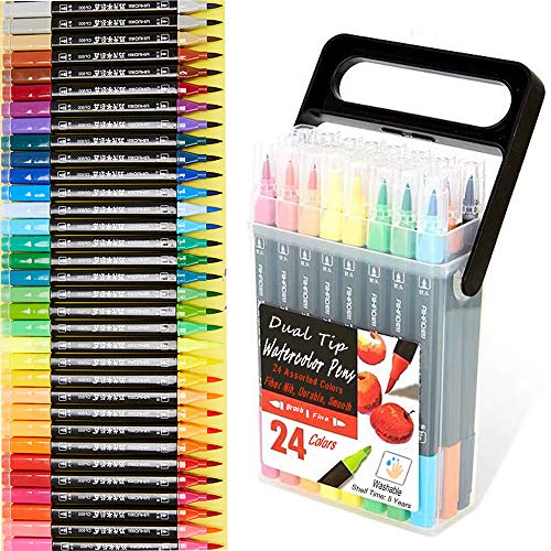 Dual Tip Markers for Kids, Washable Markers Set, Art Marker with Stand Portable Box, Gift For Kids (24 Colours) - color: 24 Colors(Fine&Brush)
