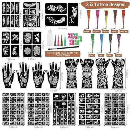 Temporary Body Art Tattoo Kit with 9 Colors Cones,18 Reusable Stencils, 255 Pcs Designed Tattoos Pattern,Mixing Bottles, Brush & Gloves, DIY Skin Art Set for Festivals, Parties & Creative Makeup - color: E-9Pcs